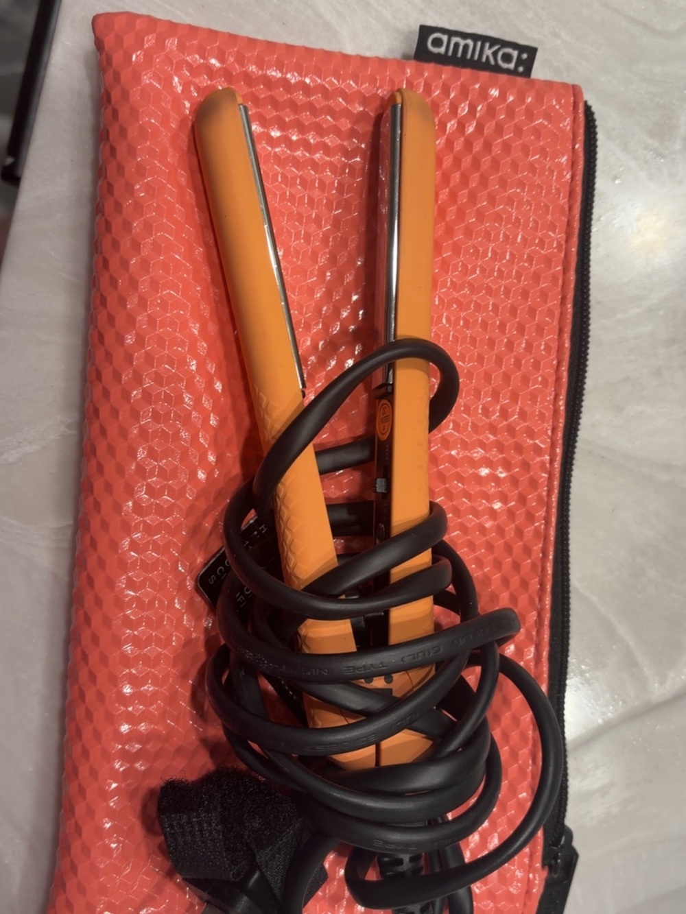 amika Orange Travel Mini Flat Iron with Textured Pouch